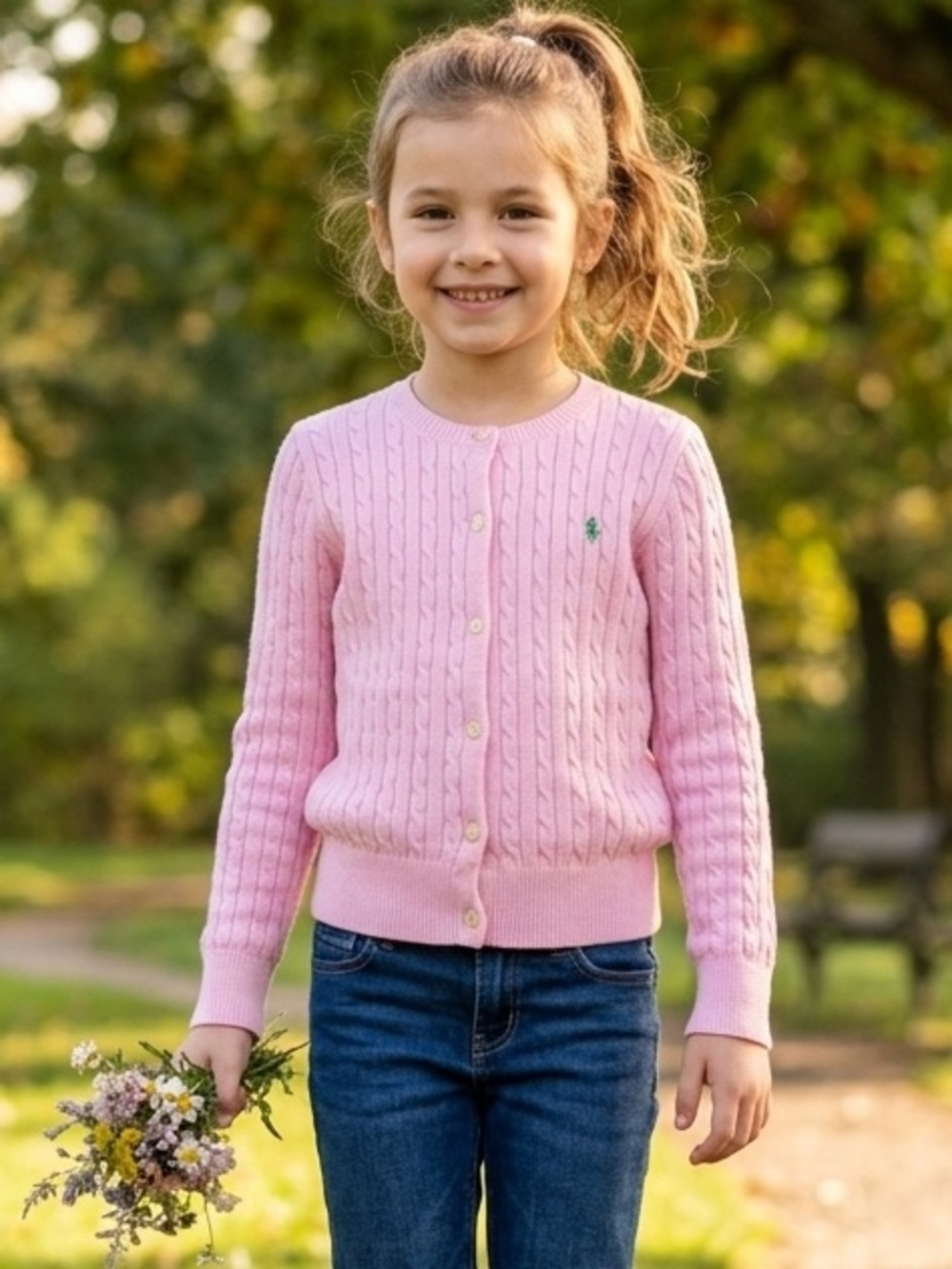 Ralph Lauren Mini-Cable Knit Cardigan with Green Pony Logo M Pink EUC